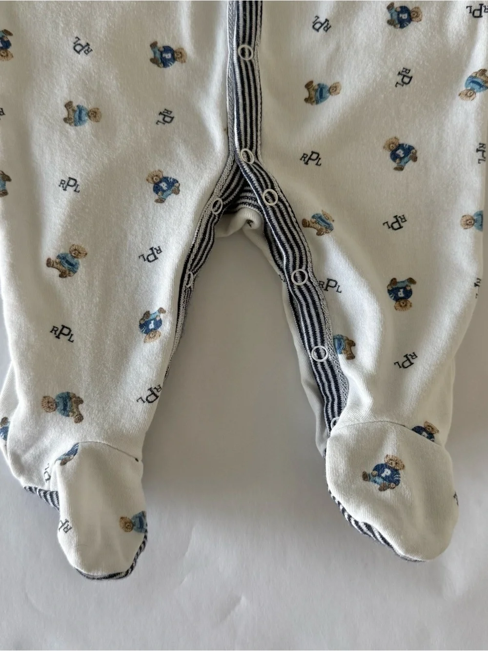 Ralph Lauren Baby Boy Polo Bear Cotton Footed Pajamas Blue/White OnePiece 3-6 Mo